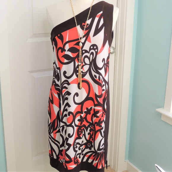 Bisou Bisou Dresses & Skirts - Bisou Bisou Chocolate/Coral One Shoulder Dress